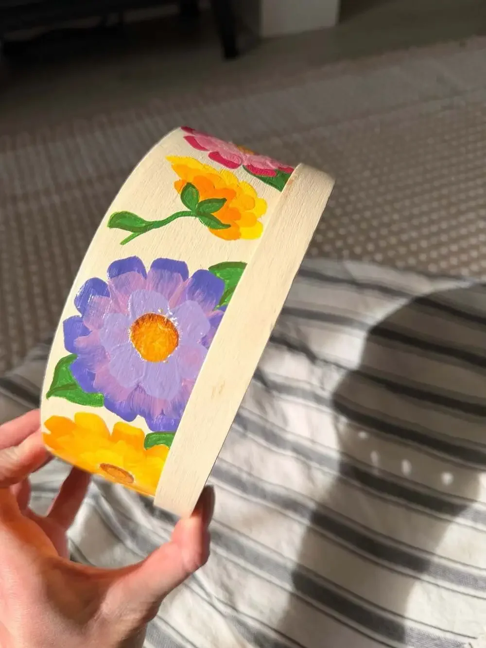 Hand-Painted Round Wooden Storage Box with Floral Motif